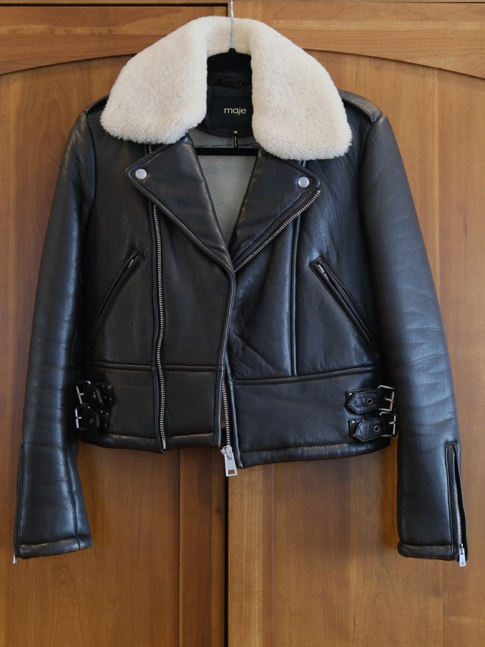 Maje Black Leather Biker Jacket with Cream Shearling Collar